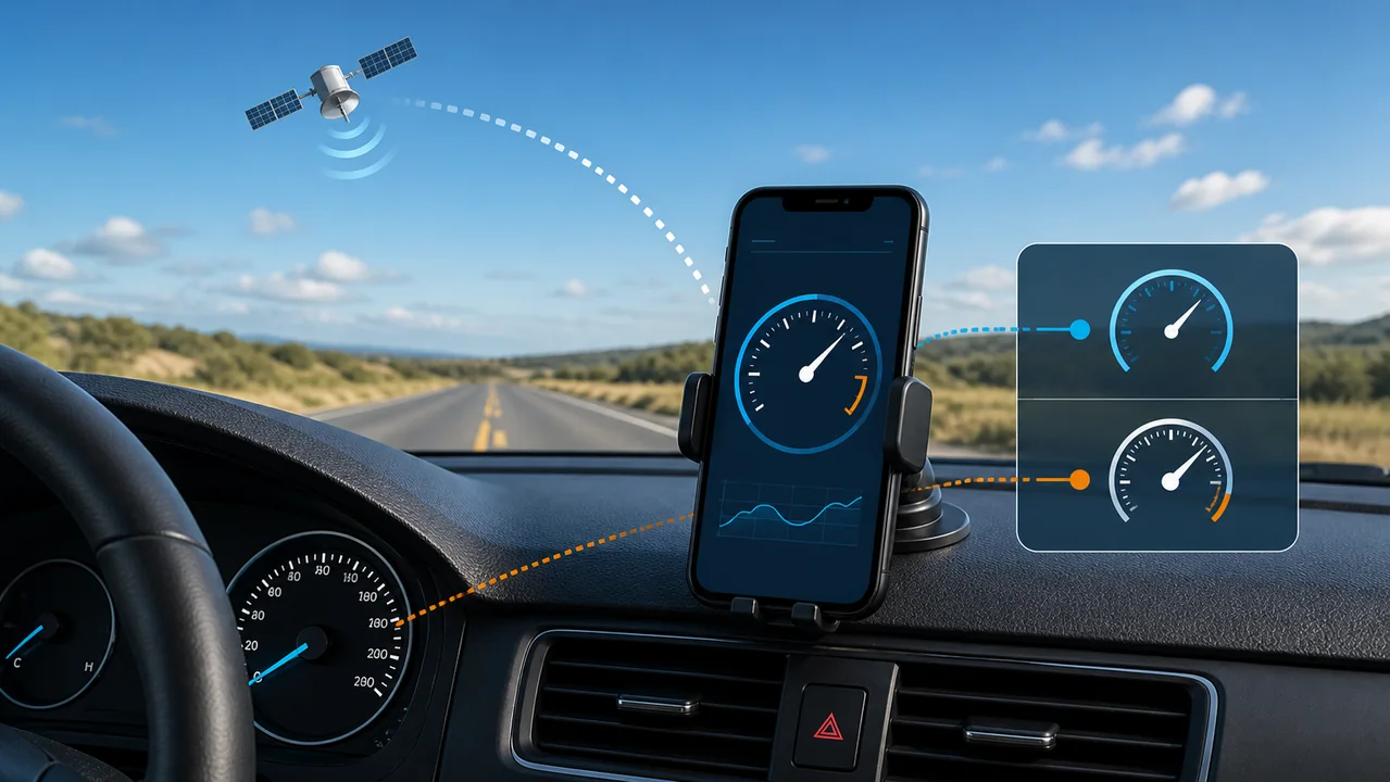 Illustration comparing a phone GPS reading with the car dashboard; no measured result is shown