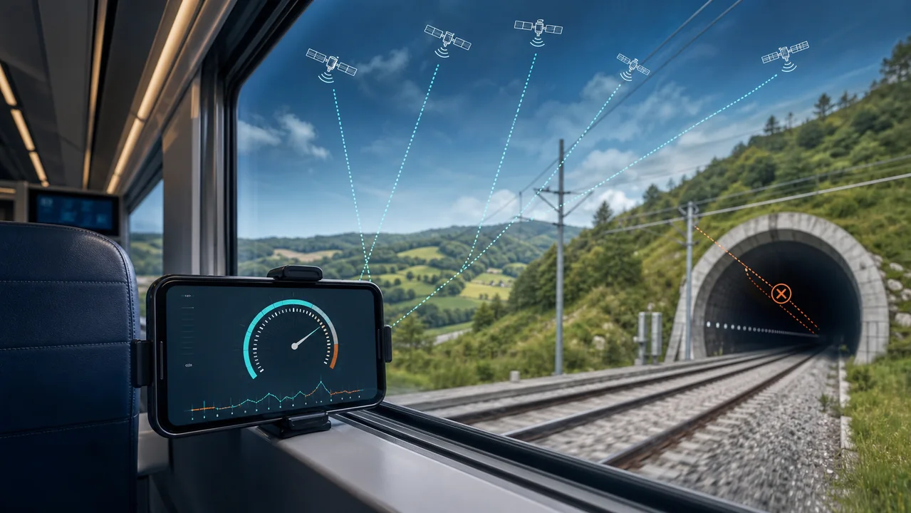 Illustration of reception changing between open rail track and a tunnel