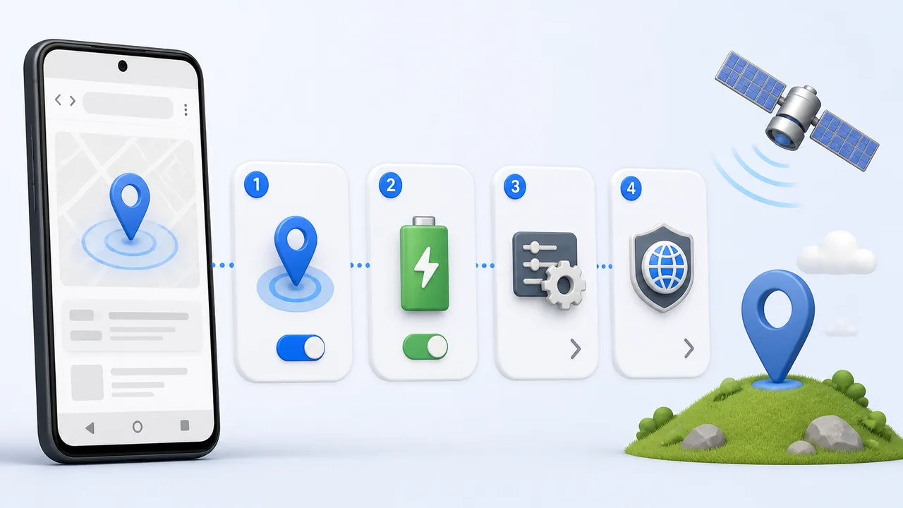 Illustration of Android location, power and browser checks; not a screenshot of settings