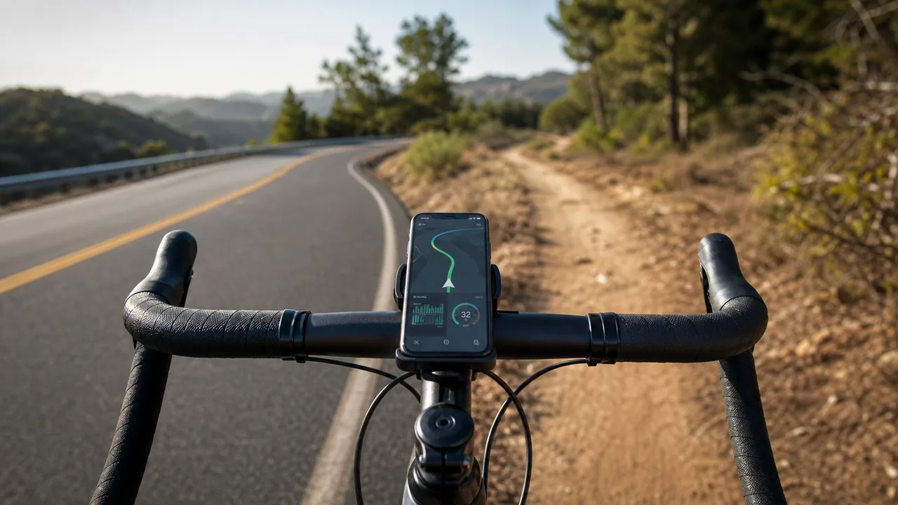 Secured phone displaying a GPS cycling session; illustration, not a recorded ride