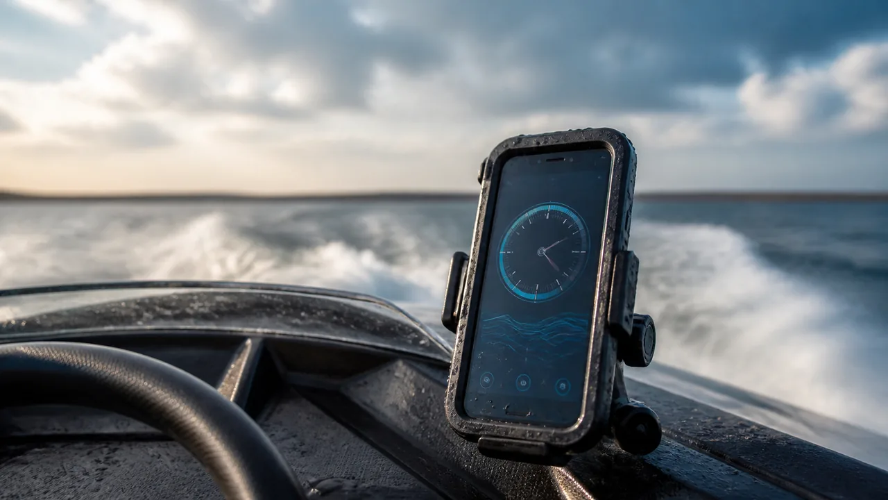 Illustration of a secured phone on a boat console, not a recorded sea trial