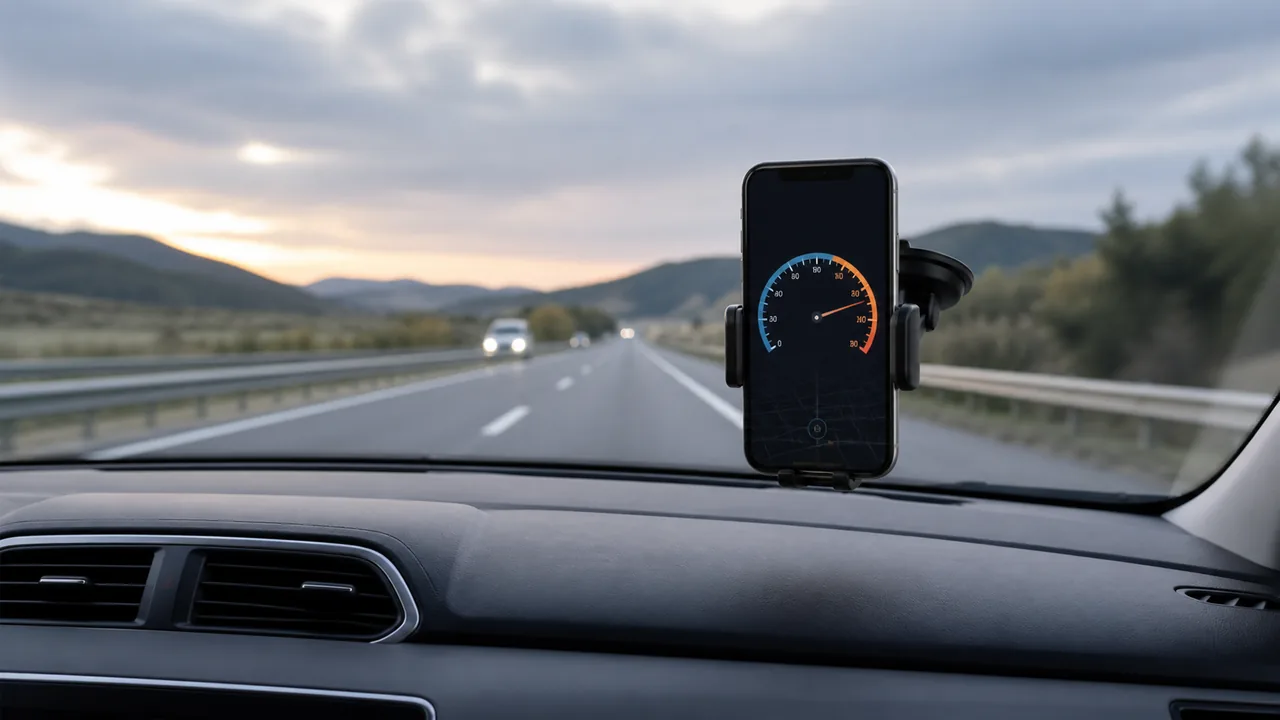 Illustration of a phone mounted for a separate GPS speed display in a car