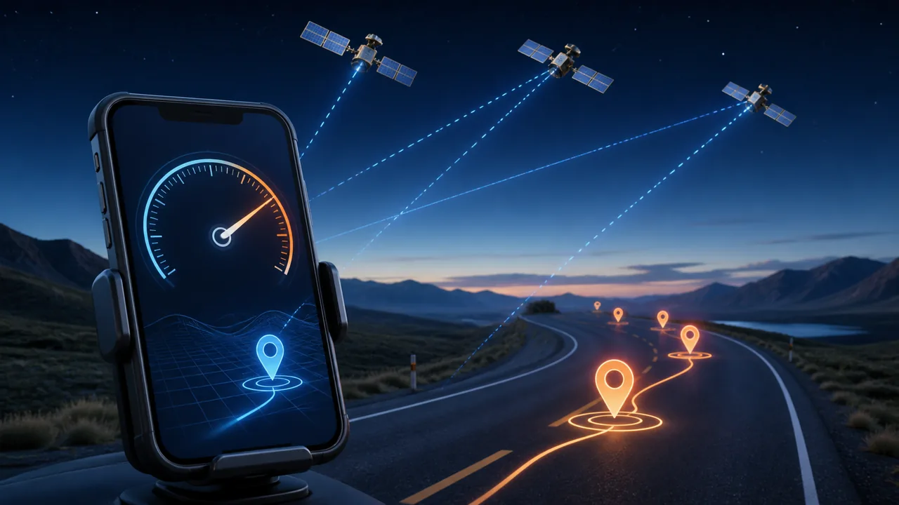 Phone GPS speedometer receiving satellite position updates over an open road