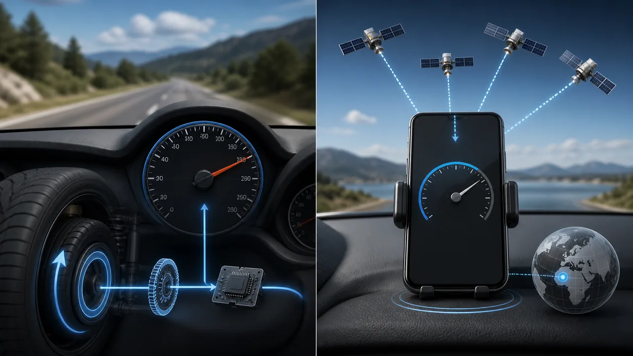 Vehicle wheel based dashboard speed compared with satellite based phone GPS speed