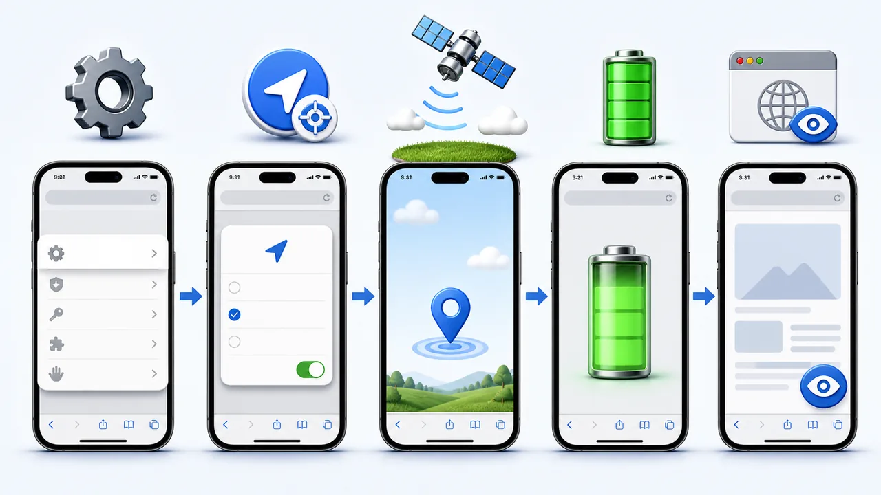 Illustrated iPhone checks for settings, location access, reception and a visible browser session