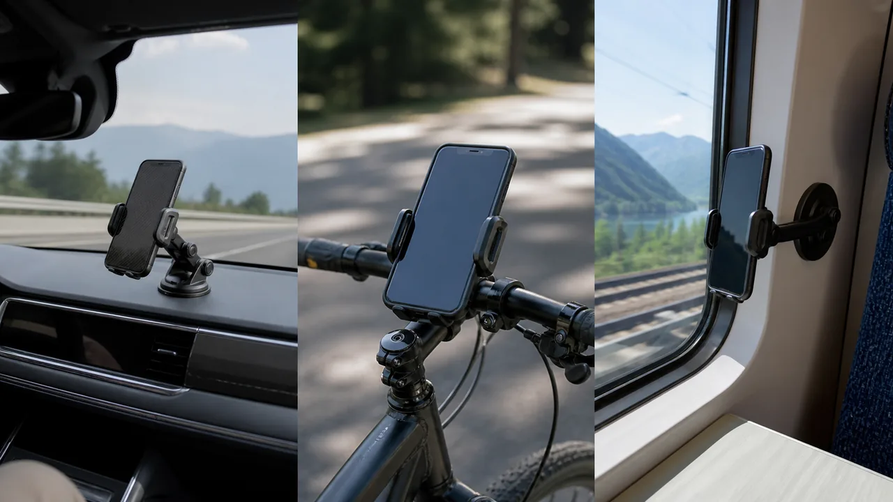 Illustration of phone use on a car mount, bicycle mount and as a train passenger