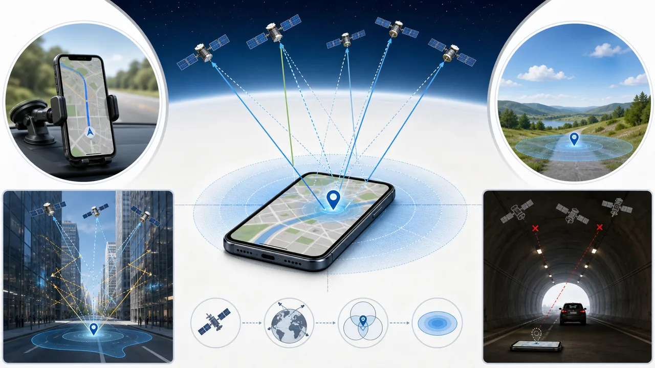 Phone GPS accuracy under open sky, city reflections and tunnel blockage