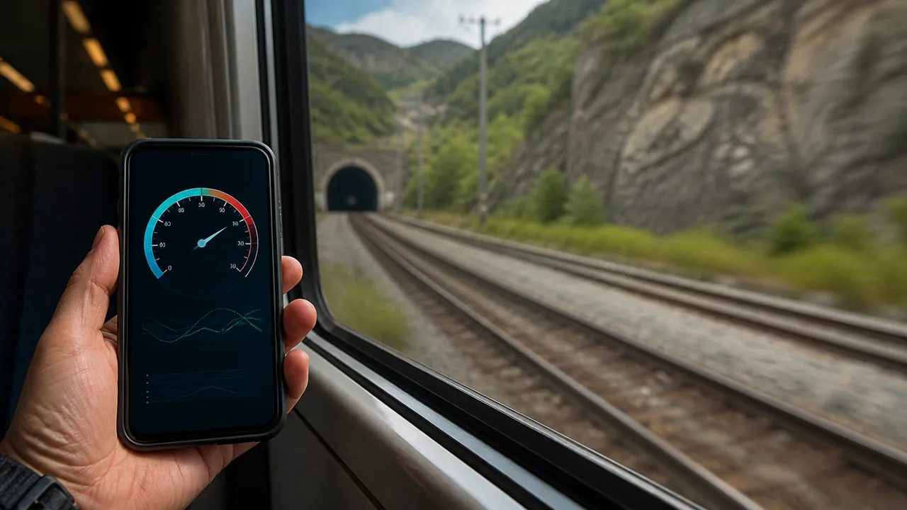 Illustration of a passenger holding a phone beside a train window before a tunnel