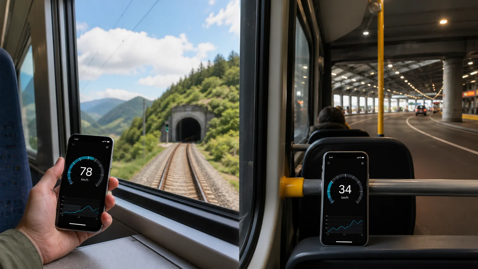 Illustrative train and bus passenger scenes; displayed values are examples, not test measurements