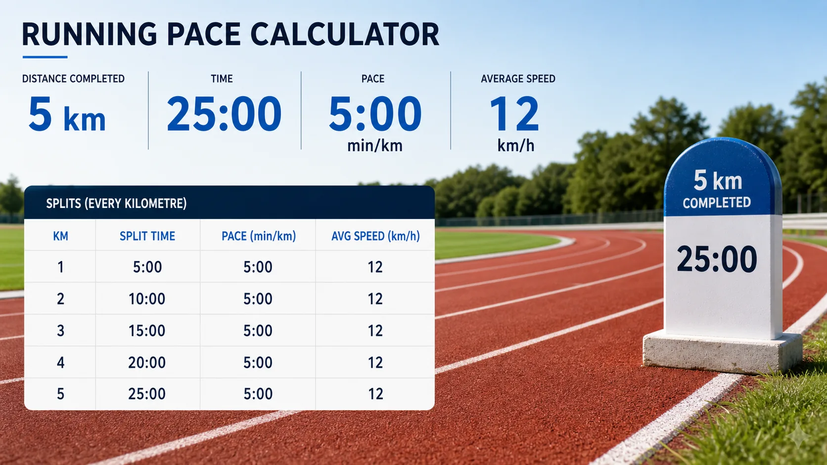 Five kilometre running pace example completed in 25 minutes