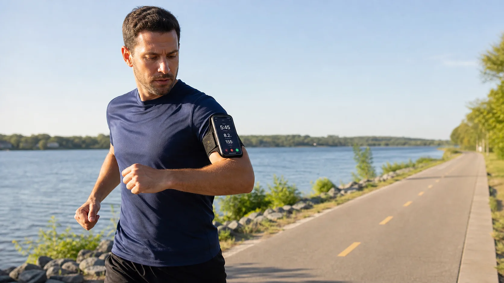 Runner checking an outdoor GPS pace summary; illustration, not a prescribed workout