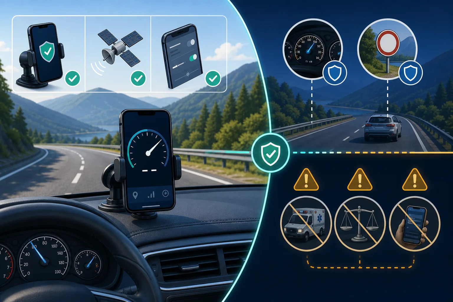 Mounted phone used as a secondary speed reference while road signs and vehicle instruments remain authoritative